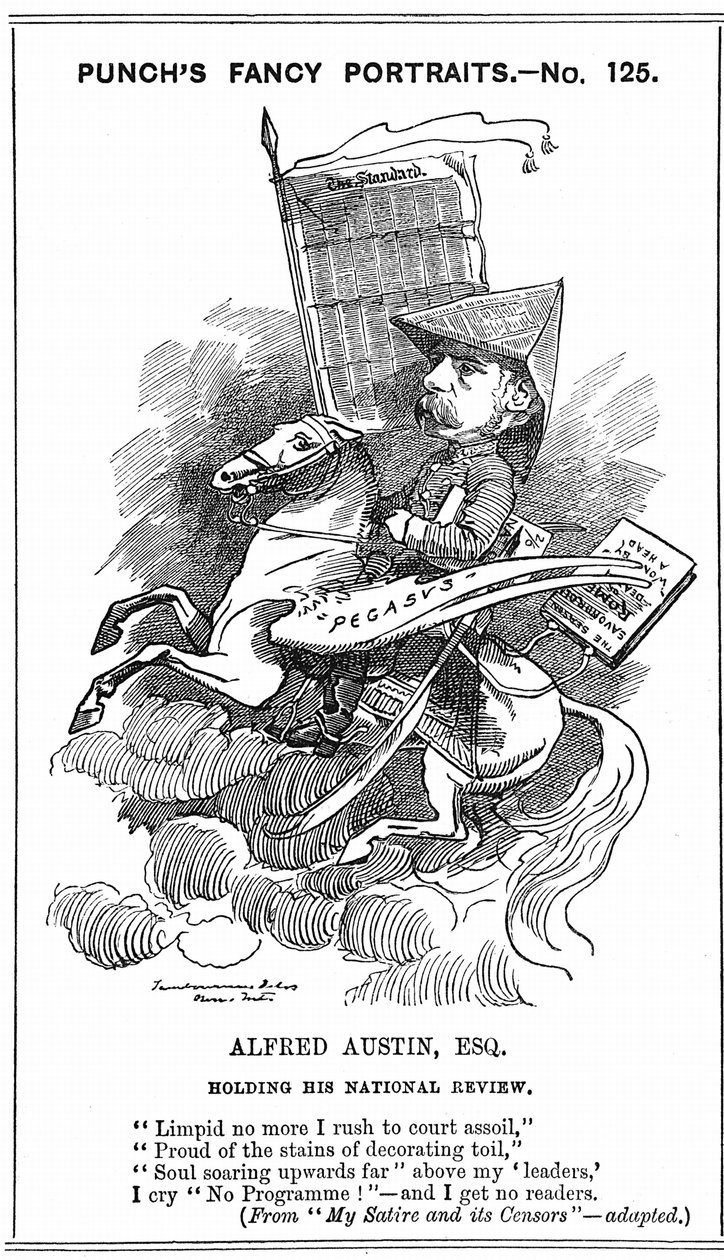Alfred Austin (1835-1913) laureát britského básníka z roku 1896. Karikatura Edwarda Linleyho Sambourna (1844-1910) v sérii Fancy Portraits v Punch, Londýn, 3. března 1883, kdy se Austin stal redaktorem National Review. Rytina. od Edward Linley Sambourne