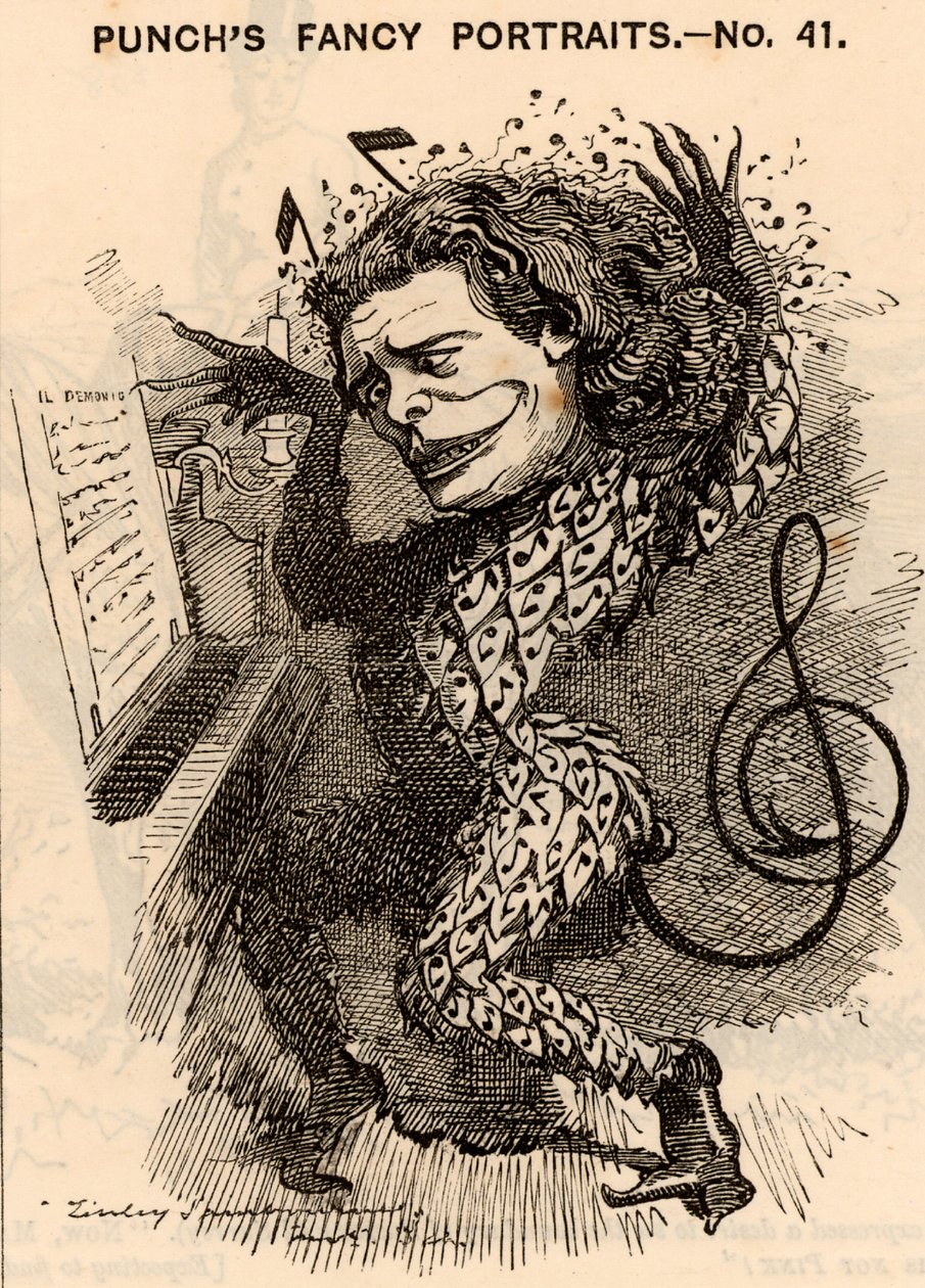 ""Anton Rubinstein (1829-1894) ruský pianista, skladatel a dirigent, zakladatel petrohradské konzervatoře. V londýnské koncertní sezóně 1881 vydělal v regionu 10 000 liber. Jednou z jeho skladeb byla opera „Démon“ (1875). Karikatura od Edwy od Edward Linley Sambourne