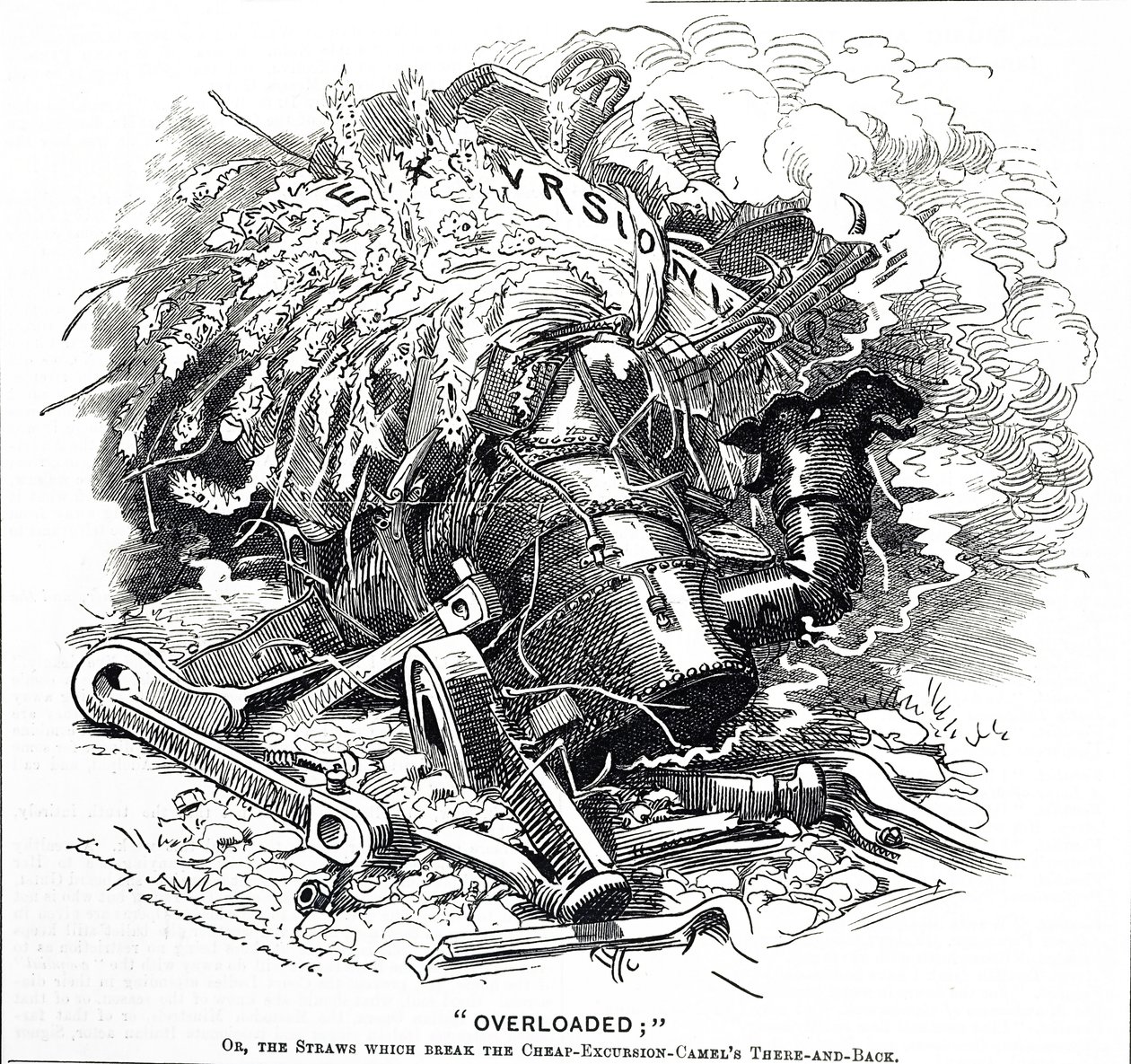 Karikatura s názvem „Přetíženo“; nebo sláma, která zlomila velbloudovi hřbet od Edward Linley Sambourne