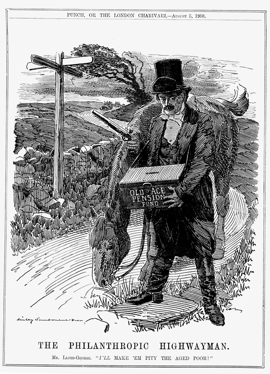 David Lloyd George (1863-1945) Britský liberální státník narozený ve Walesu. V roce 1908 představil Lloyd George jako ministr financí svůj zákon o starobních důchodech. Cartoon Edward Linley Sambourne z Punch, Londýn, srpen 1908. od Edward Linley Sambourne