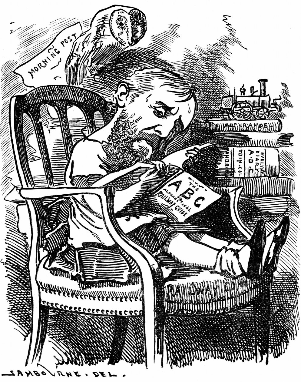 Evelyn Ashley (1836-1907) anglický spisovatel a liberální politik: syn 7. hraběte z Shaftesbury. Karikatura od Edwarda Linleyho Sambourna v sérii Fancy Portraits z Punch London dubna 1881, kdy byla Ashley náměstkyní tajemníka na Board of Trade. od Edward Linley Sambourne