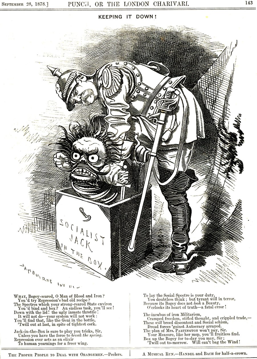 Udržet to dolů. Otto von Bismarck (1815-1898) německý kancléř, snažící se přinutit Jacka socialismu zpět do své lóže. Titulky mu říkají, že každý akt represe působí jako elixír lidské touhy po větší svobodě. Karikatura od Edwarda Linley Sambou od Edward Linley Sambourne