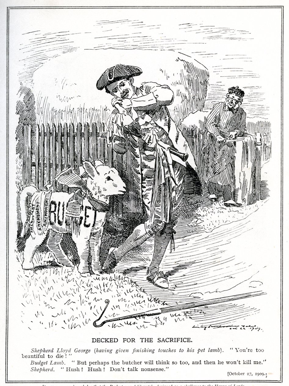 Lloyd George se chystá poslat svého "beránka", "lidový rozpočet", aby byl obětován a zabit ve Sněmovně lordů, 1909. od Edward Linley Sambourne