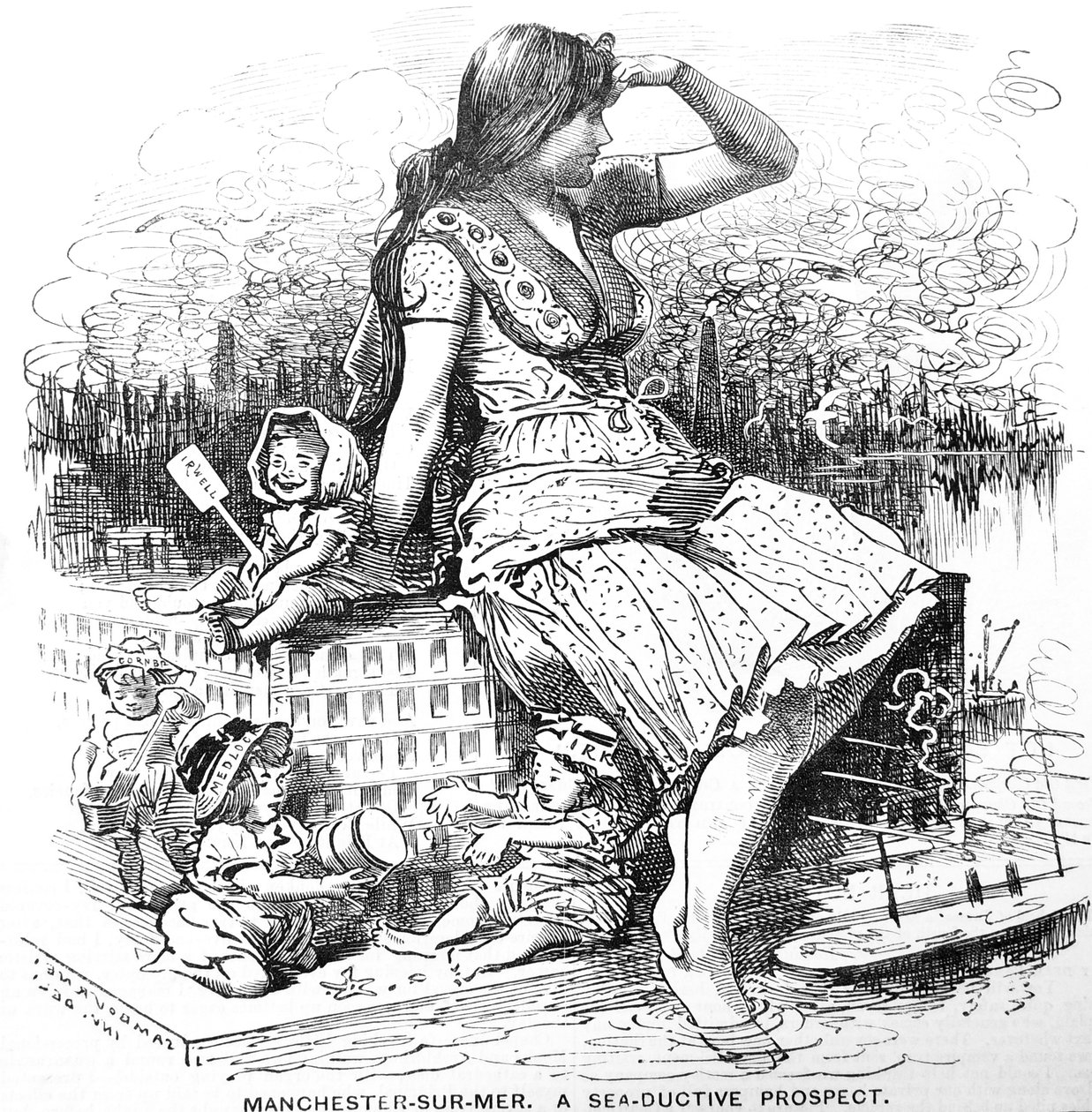 Vyhlídka na Manchester po schválení plánů Edwarda Leadera Williama na Manchester Ship Canal. Karikatura od Edwarda Linleyho Sambourna z 