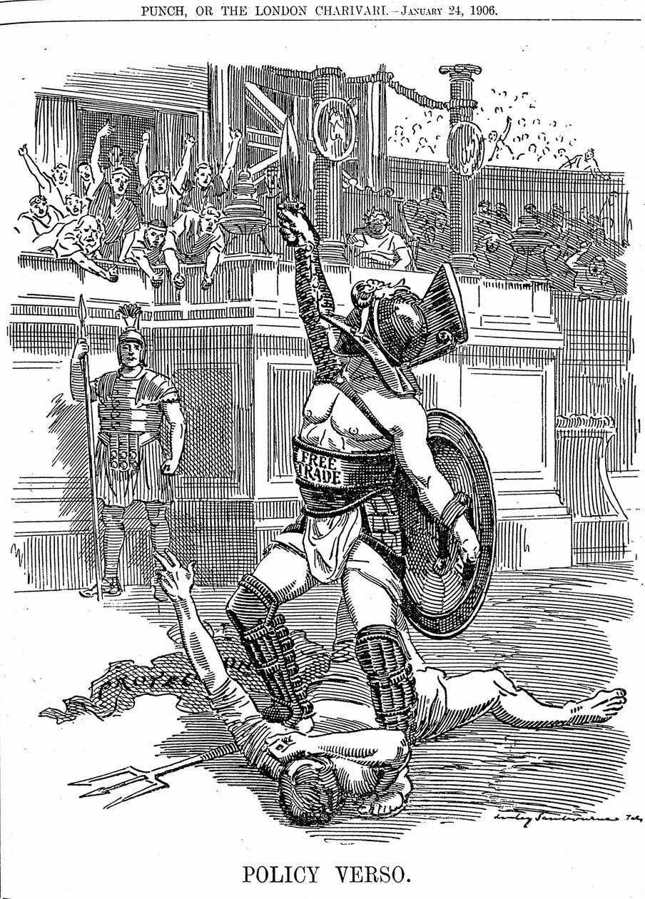 S návratem liberální vlády v Británii v prosinci 1905 byl volný obchod politikou spíše než konzervativní politikou ochrany tarifem. Kreslený Edward Linley Sambourne z Punch London 24. ledna 1906 od Edward Linley Sambourne