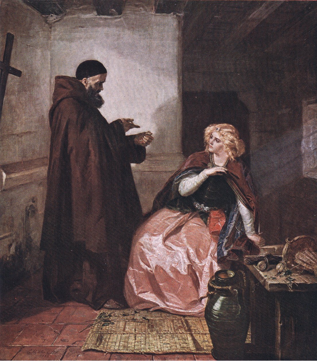 Julie a mnich Laurence (Romeo a Julie) Vezmi si lahvičku, když budeš v posteli, a vypij si tento destilovaný likér, z The Complete Works of William Shakespeare pub. by J Coker & Co Ltd (c od Edward Matthew Ward