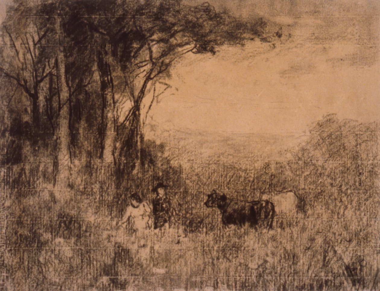 Krajina s krávami a postavami pohybujícími se po pastvině od Edward Mitchell Bannister