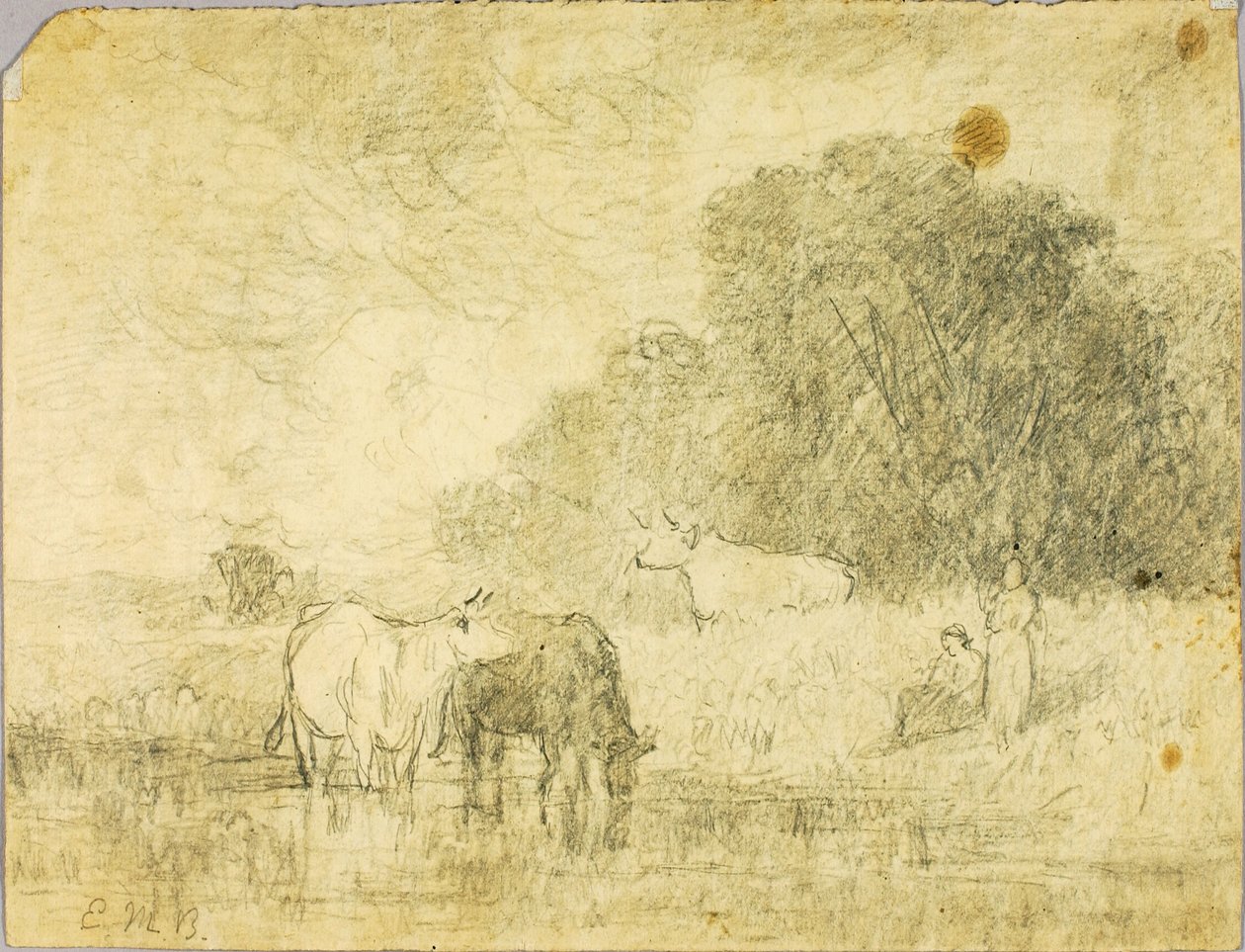 Krajina s krávami u rybníka, dvě postavy od Edward Mitchell Bannister