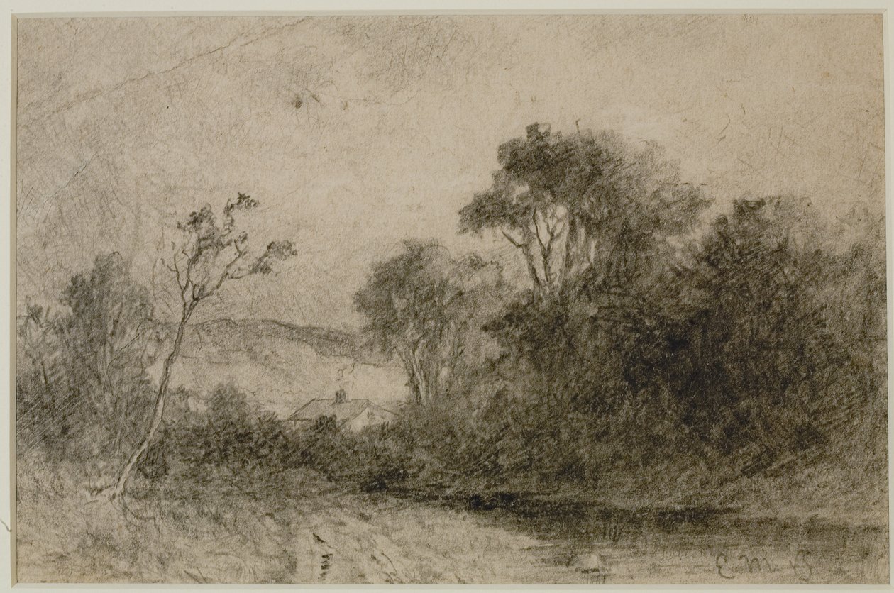 Krajina se střechami za stromy (#49) c. 80. léta 19. století (grafit na papíře) od Edward Mitchell Bannister
