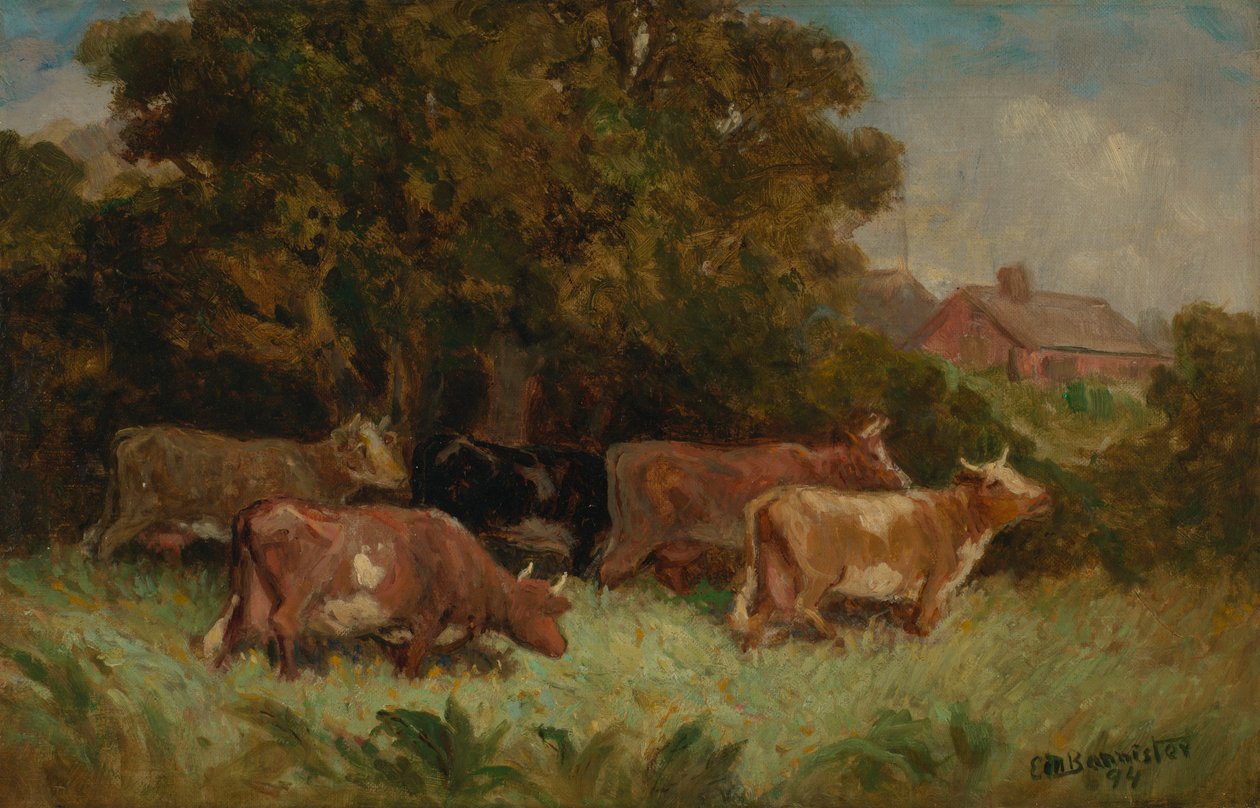 Bez názvu (pět krav na pastvině, v pozadí střecha) od Edward Mitchell Bannister