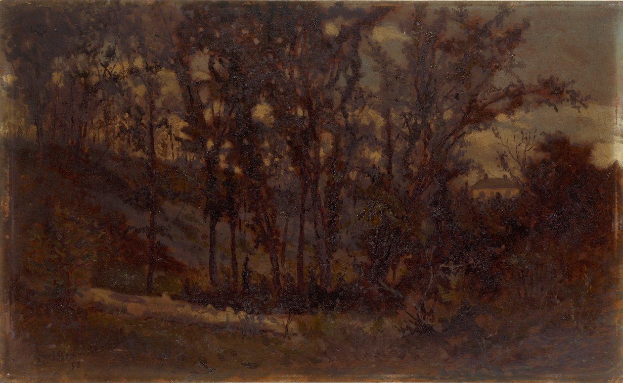 Bez názvu (lesní scéna, padlý strom v popředí a dům v pozadí) od Edward Mitchell Bannister