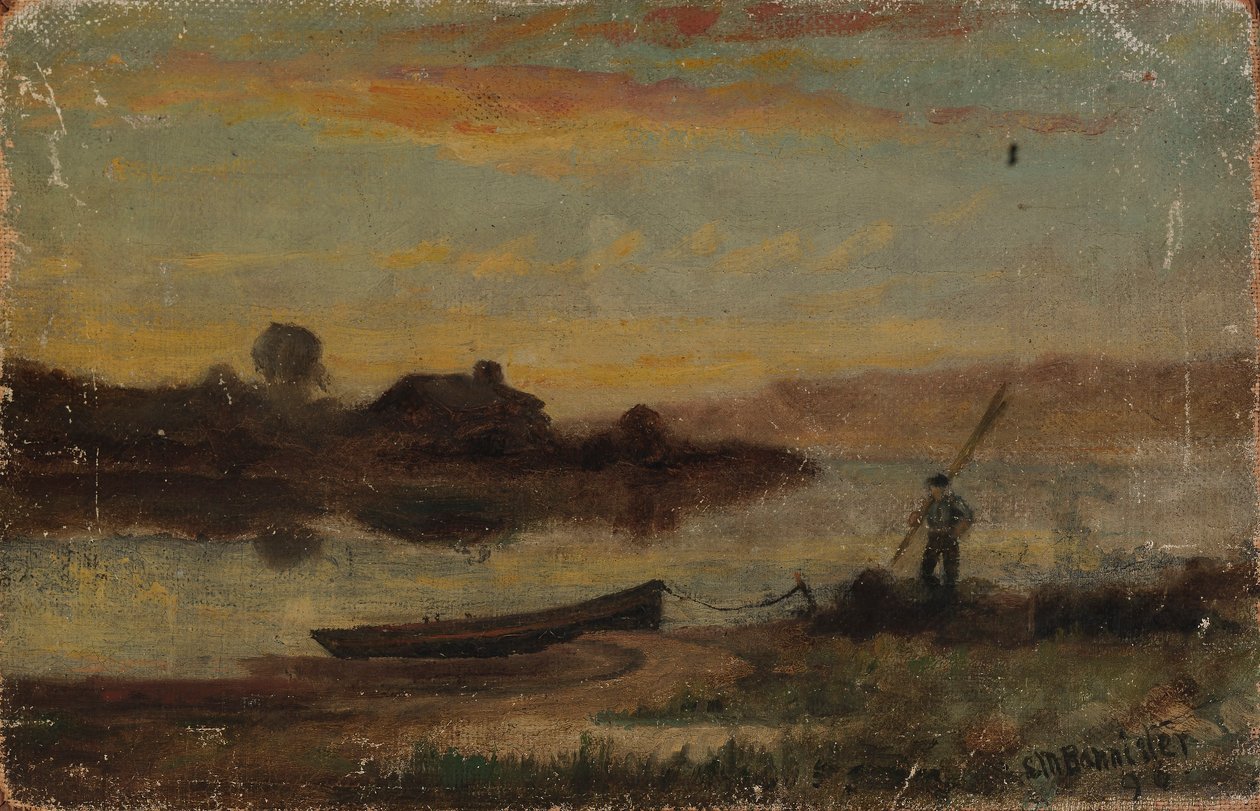 Bez názvu (krajina, loď zakotvená u břehu s kráčejícím mužem) od Edward Mitchell Bannister
