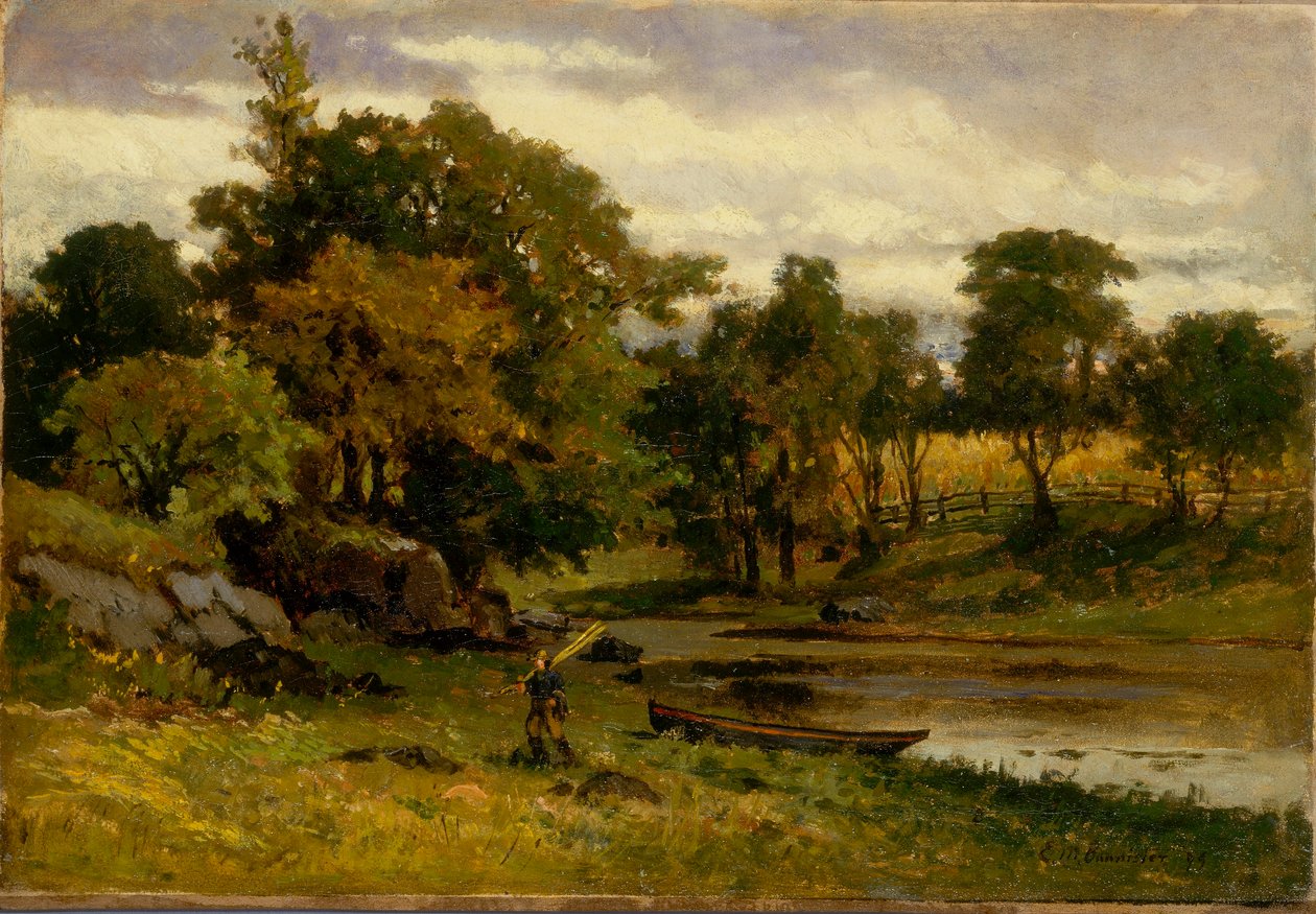 Bez názvu (krajina, loď zakotvená u potoka, v popředí kráčí muž) od Edward Mitchell Bannister