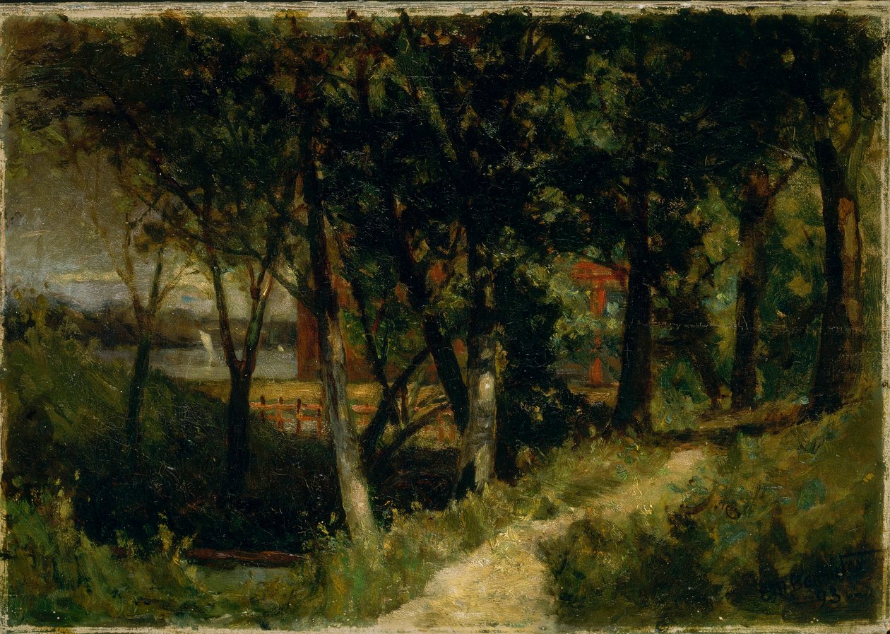 Bez názvu (krajina, lesní scéna s červeným plotem a budovou) od Edward Mitchell Bannister