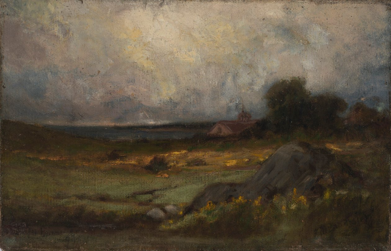 Bez názvu (krajina se skálou v popředí a střechou s věží, jezero v pozadí) od Edward Mitchell Bannister