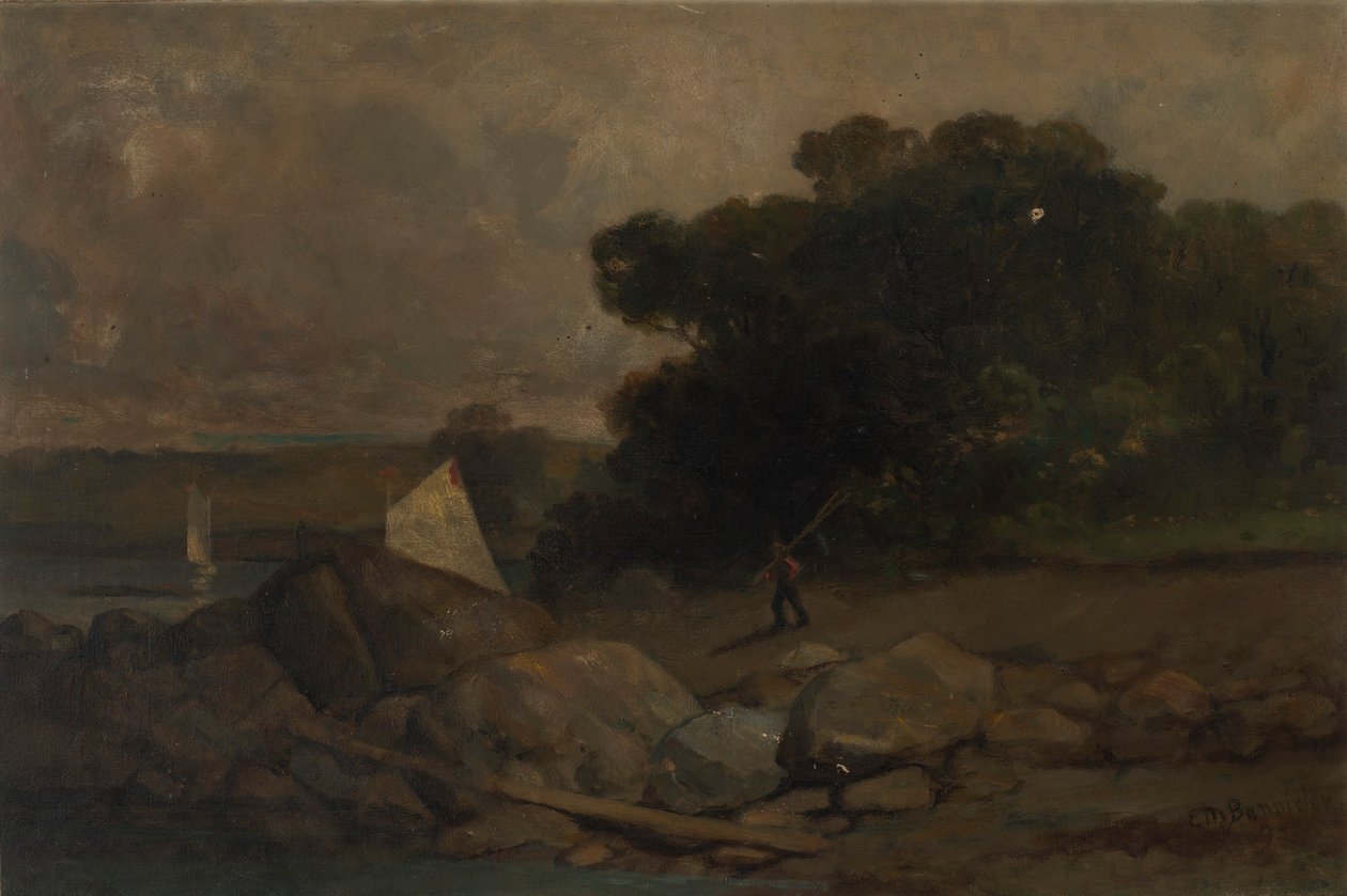 Bez názvu (krajina se skalami, mužem a plachetnicemi) od Edward Mitchell Bannister