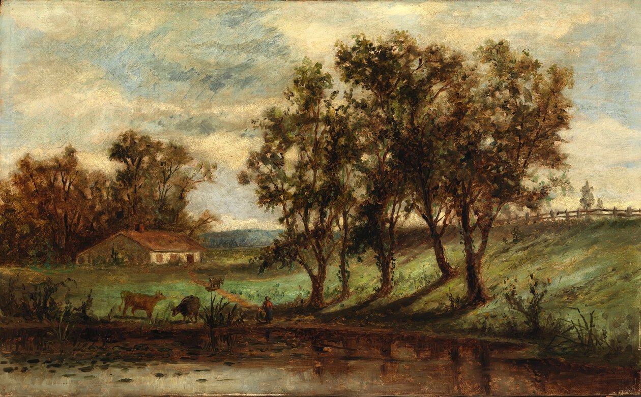 Bez názvu (muž s kravami pasoucími se u rybníka s domem a stromy v pozadí) od Edward Mitchell Bannister