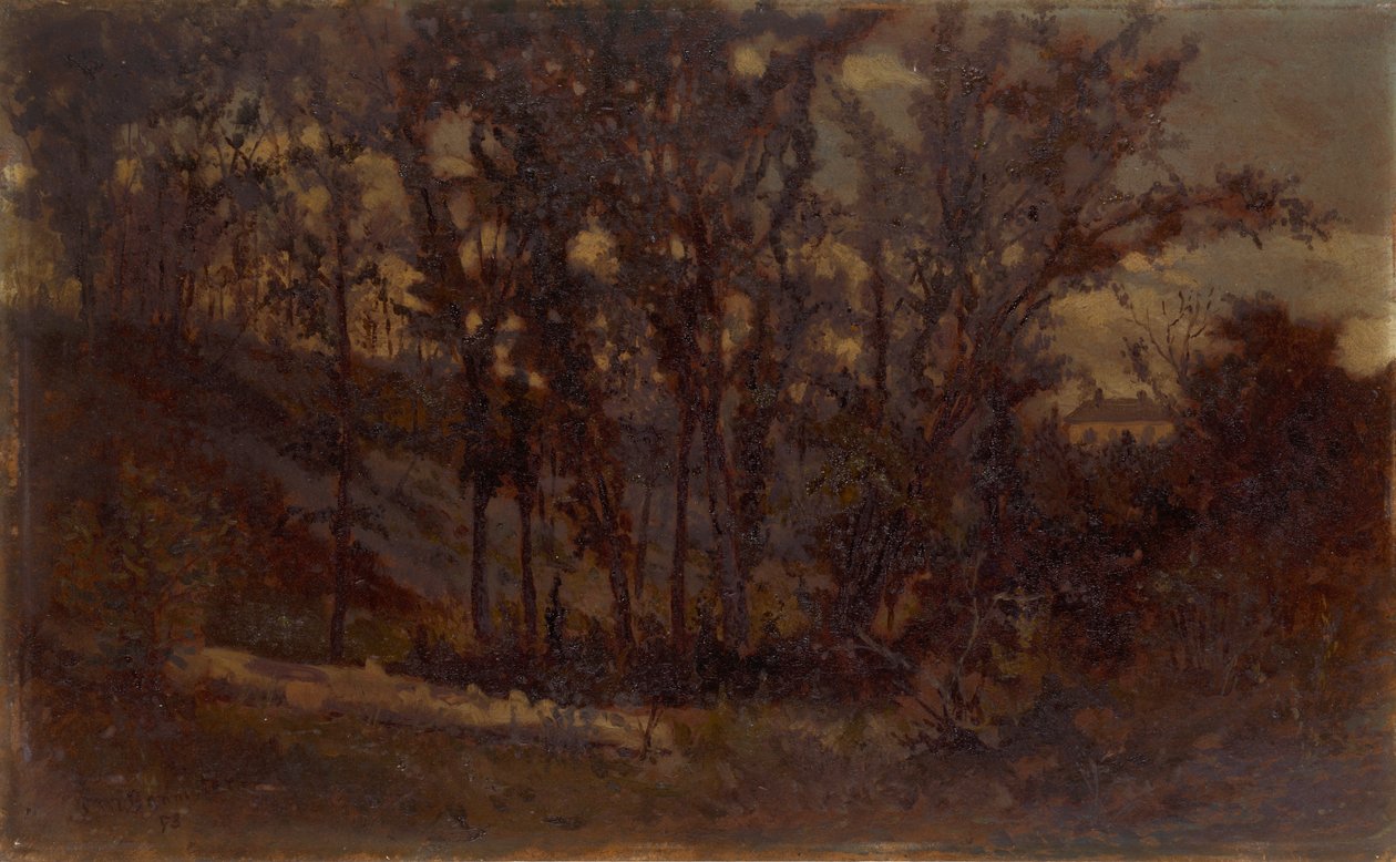 Lesní scéna bez názvu, padlý strom v popředí a dům v pozadí, 1873. od Edward Mitchell Bannister
