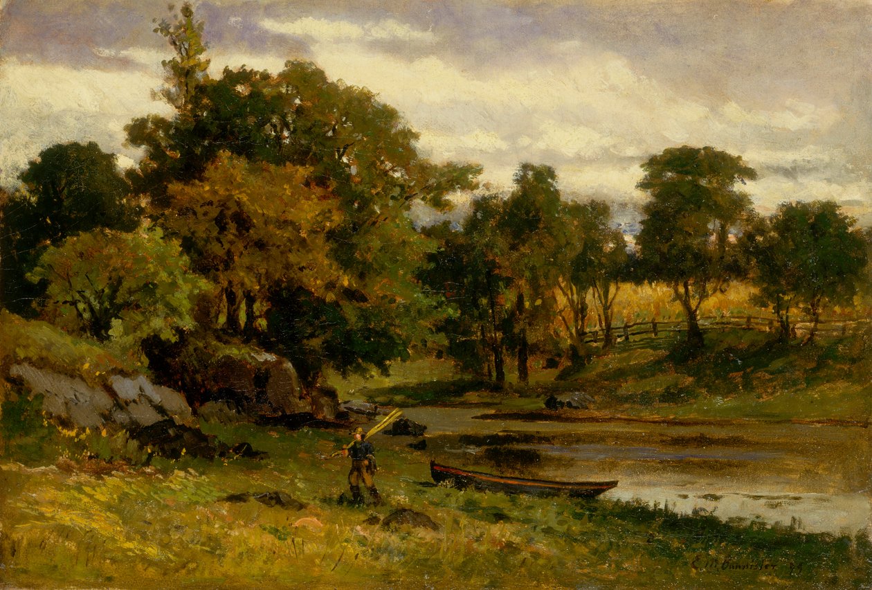 Krajina bez názvu, loď kotvící poblíž potoka, muž jdoucí v popředí, 1879. od Edward Mitchell Bannister