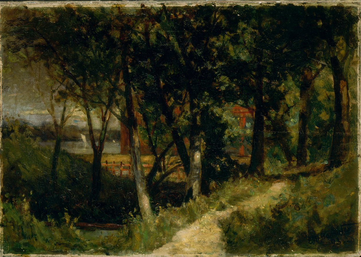 Krajina bez názvu, lesní scéna s červeným plotem a budovou, 1893. od Edward Mitchell Bannister