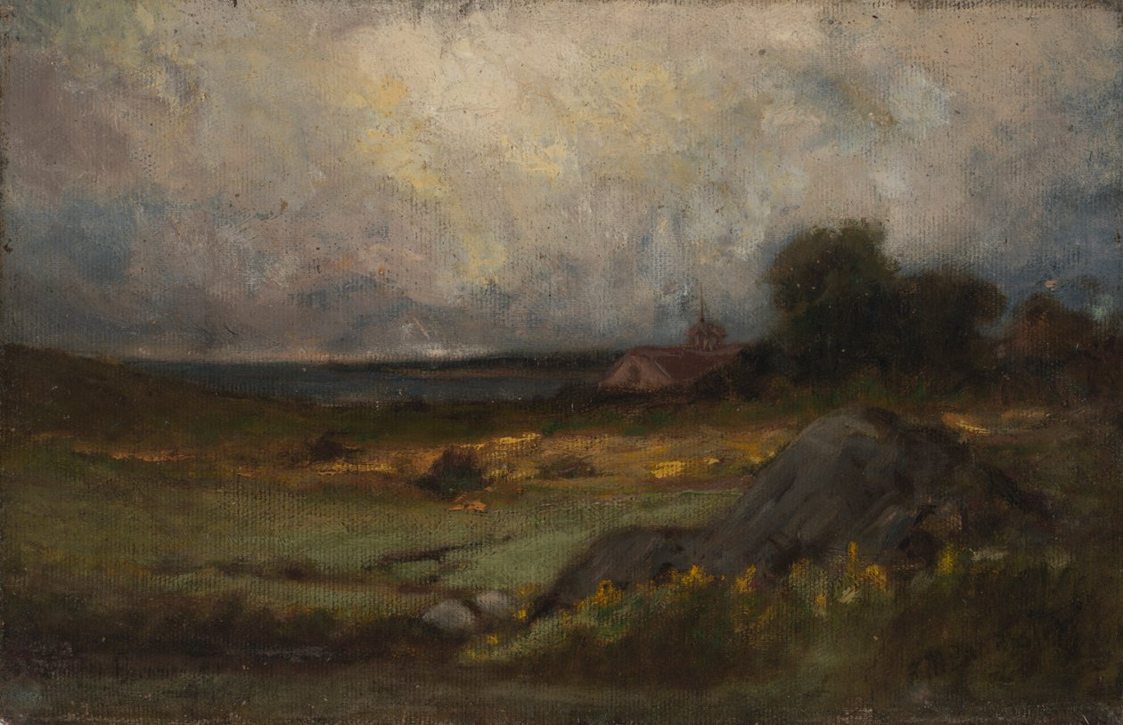 Krajina bez názvu se skálou v popředí a střechou s věží, jezero v pozadí, n. d. od Edward Mitchell Bannister