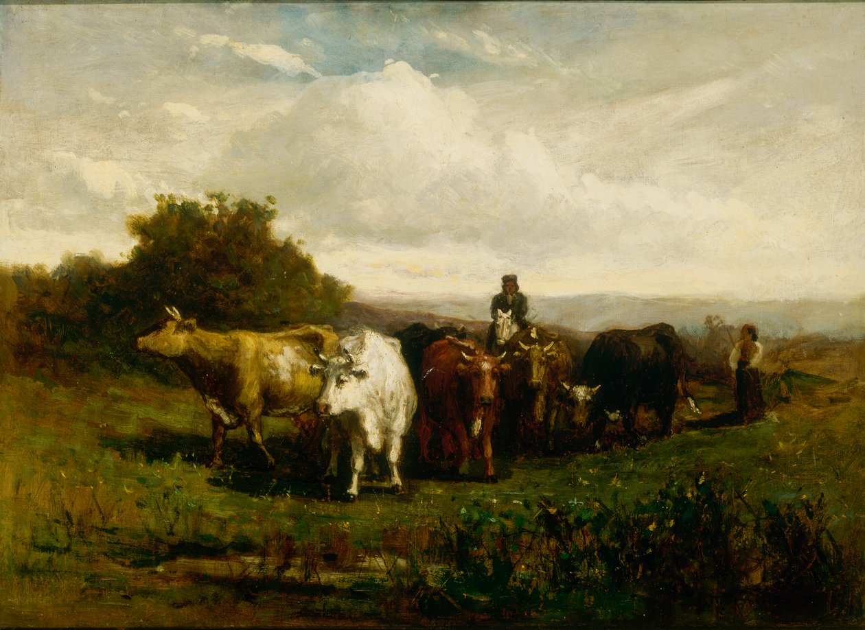 Muž bez názvu na koni, žena pěšky pohánějící dobytek, 1880. od Edward Mitchell Bannister