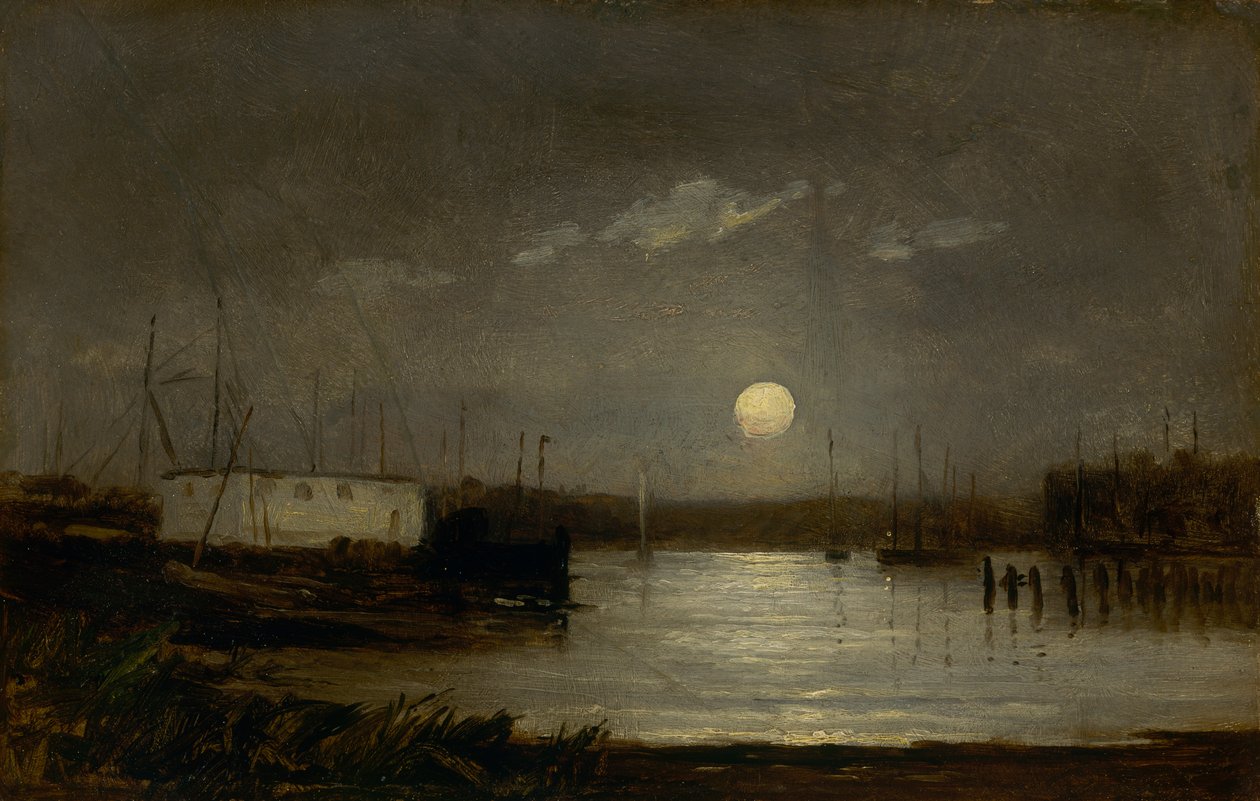 Měsíc nad přístavem bez názvu, scéna přístaviště s úplňkem a stěžněmi lodí, ca. 1868. od Edward Mitchell Bannister