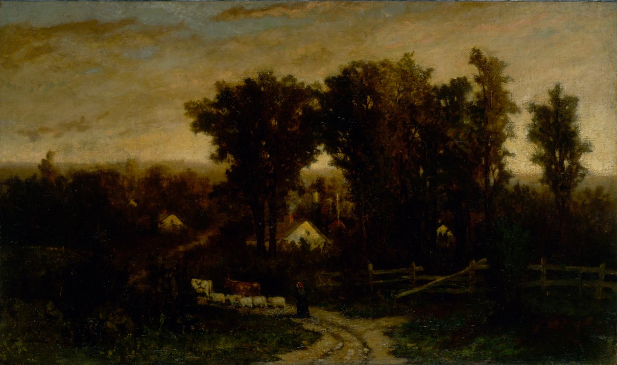 Žena bez názvu s dobytkem a ovcemi za soumraku, n.d. od Edward Mitchell Bannister