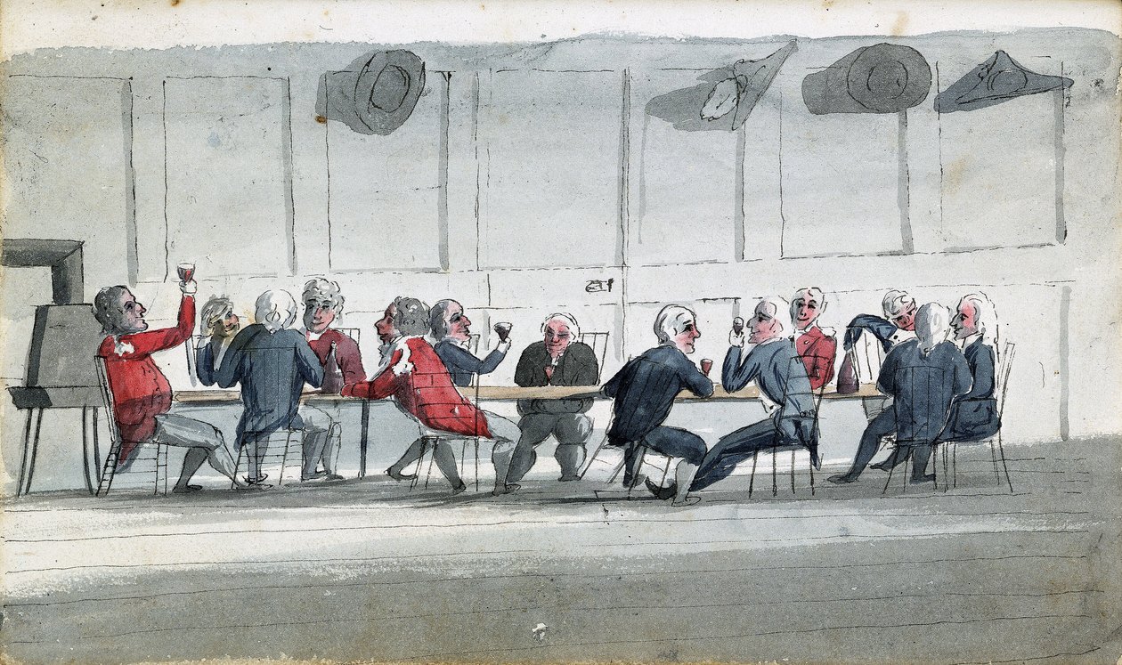 Důstojnická jídelna, karikatura zobrazující důstojníky námořnictva shromážděné u vína. Kresba Edwarda Pelhama Brentona (1774-1839), kolorovaná akvarelem. od Edward Pelham Brenton