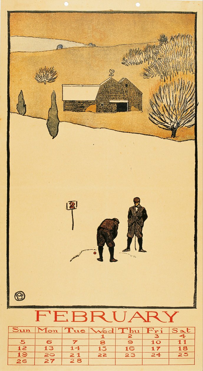 Golfový kalendář. Únor - Oeuvre de Edward Penfield (1866-1925) - 1899 - Barevná litografie - 41x28,6 - Museu Nacional d