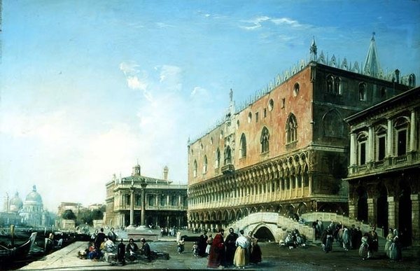 Piazzetta, Benátky, s mnoha postavami u Dóžecího paláce (olej na plátně) od Edward Pritchett