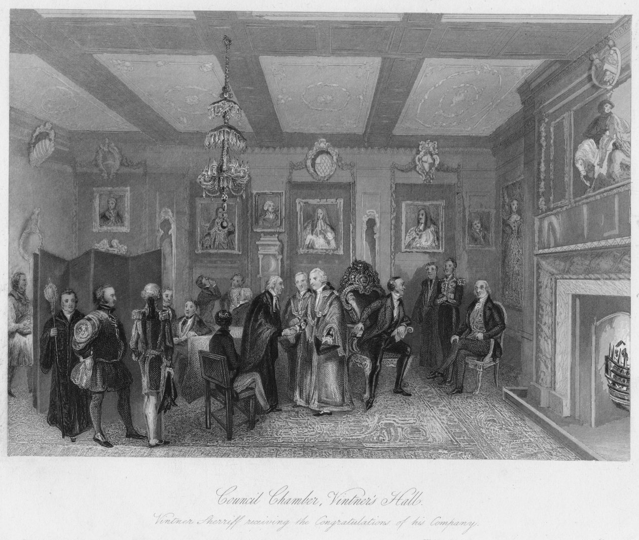 Radní komora, Vinners Hall. Vinařský šerif obdrží blahopřání své společnosti, c1 od Edward Radclyffe