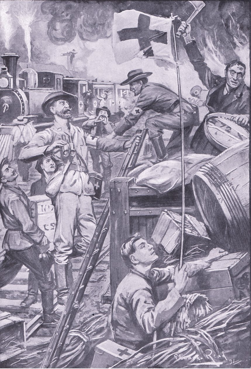 Falešný muž ze sanitky ničící obchody v Komati Foort pod vlajkou Červeného kříže, ilustrace z After Pretoria: The Guerilla War, 1902 od Edward Read