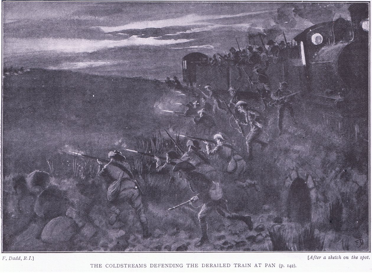 The Coldstreams bránící vykolejený vlak, ilustrace z Po Pretorii: Guerilla War, 1902 od Edward Read