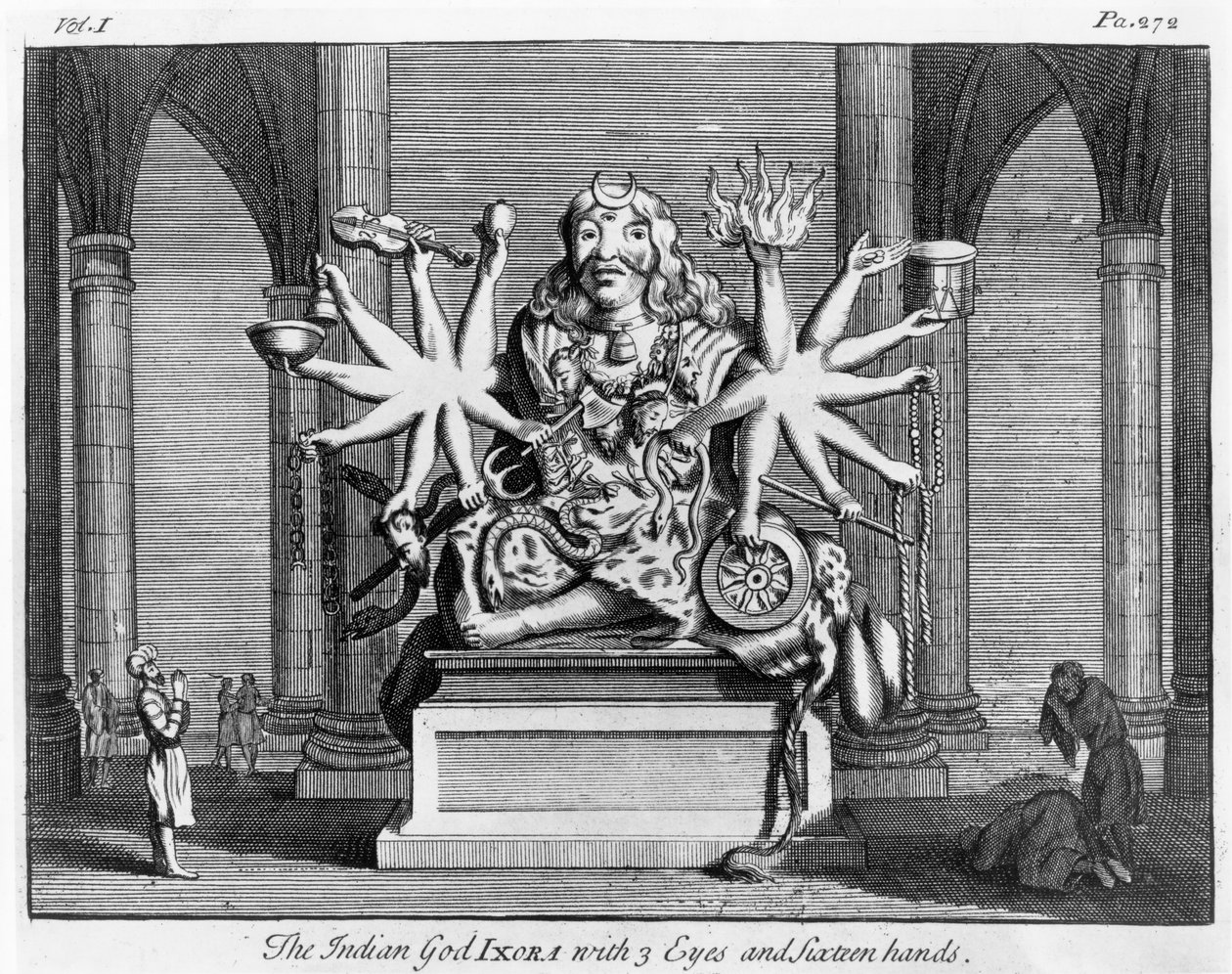 Indický bůh Ixora se 3 očima a šestnácti rukama, kolem roku 1780 od Edward Rooker