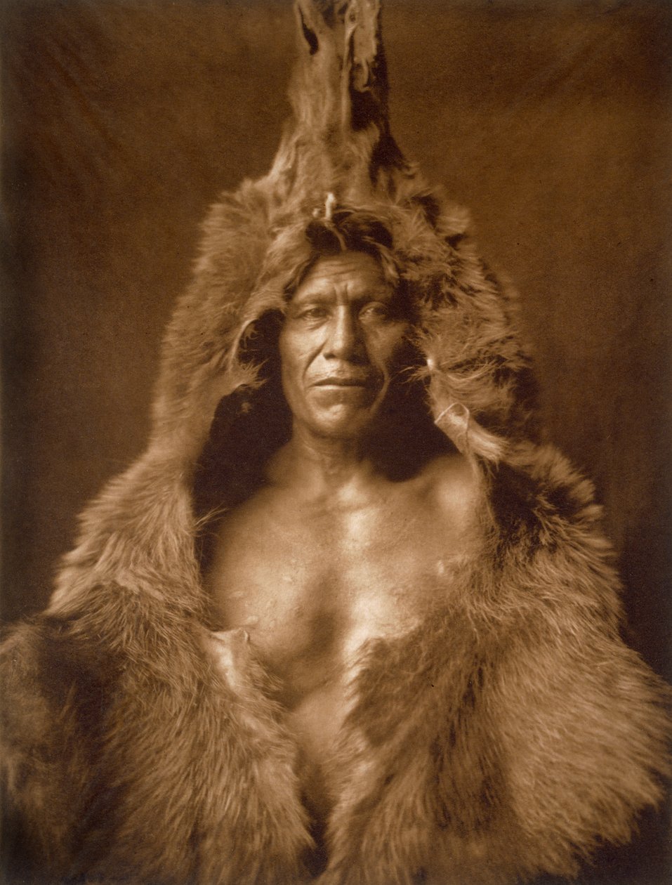 Medvědí břicho, z kmene Arikara, zabalené do medvědí kůže od Edward Sheriff Curtis