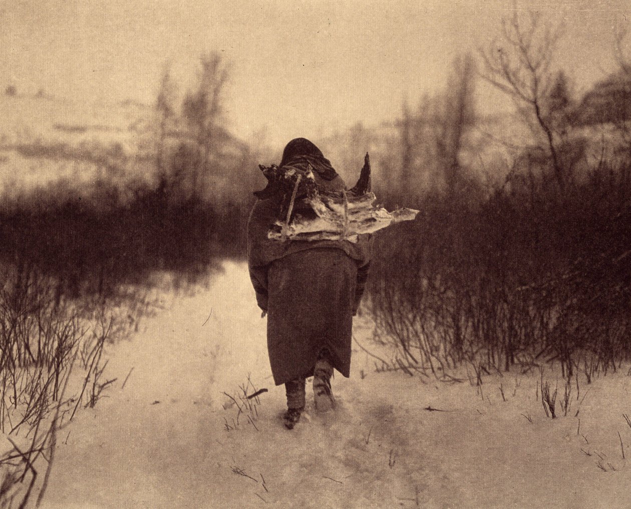 Jít do tábora. Indián apsaroke, který nosí dřevo ve sněhu, v malém zimním táboře poblíž potoka v pohoří Pryor v Montaně. Fotografie převzata ze svazku 4 encyklopedie vydané Edwardem S. Curtisem (1868-1952) o Indiánech Severní Ameriky, s od Edward Sheriff Curtis