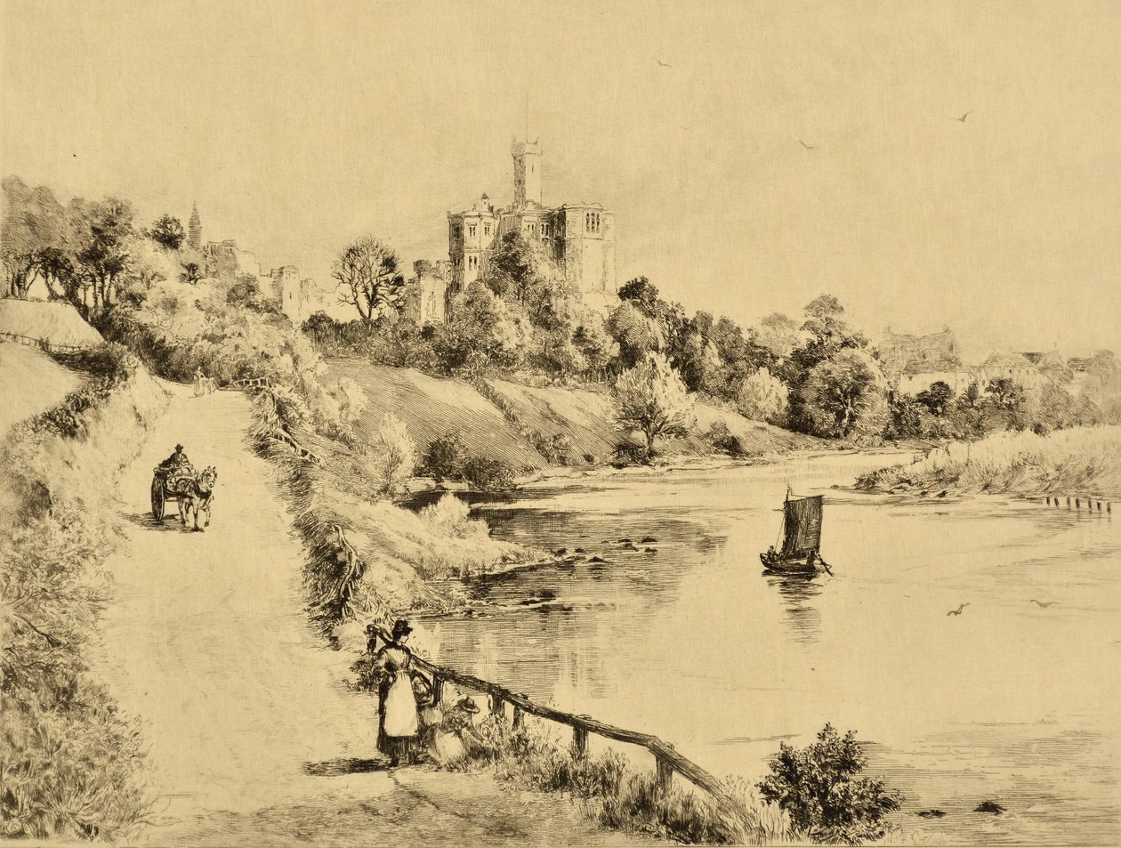 The Coquet: Warkworth Castle od cesty do Amble, kolem roku 1880 (lept) od Edward Slocombe