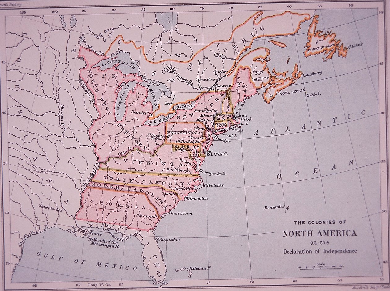 Kolonie Severní Ameriky při deklaraci nezávislosti (barevné lito) od Edward Stanford