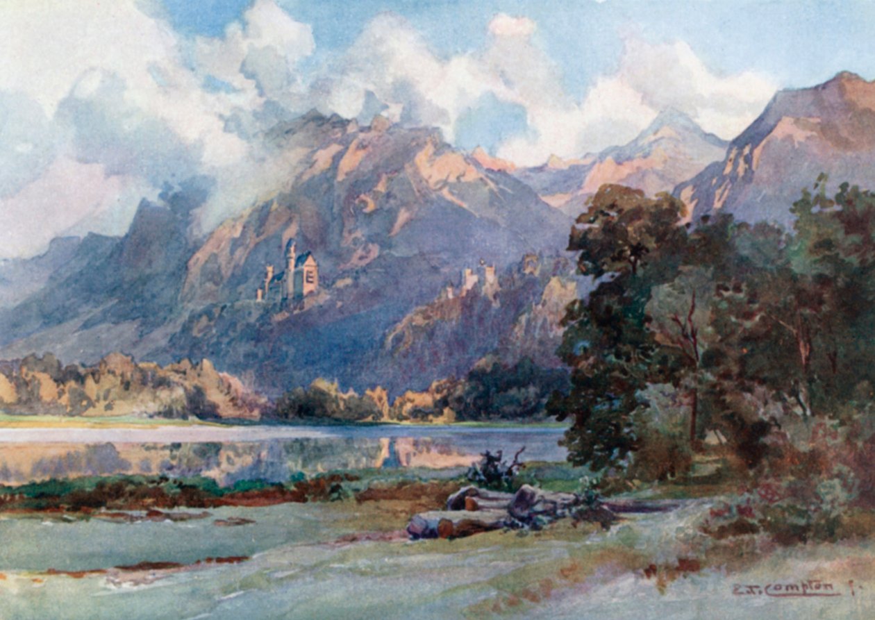Neuschwanstein a Hohenschwangau (barevná litografie) od Edward Theodore Compton