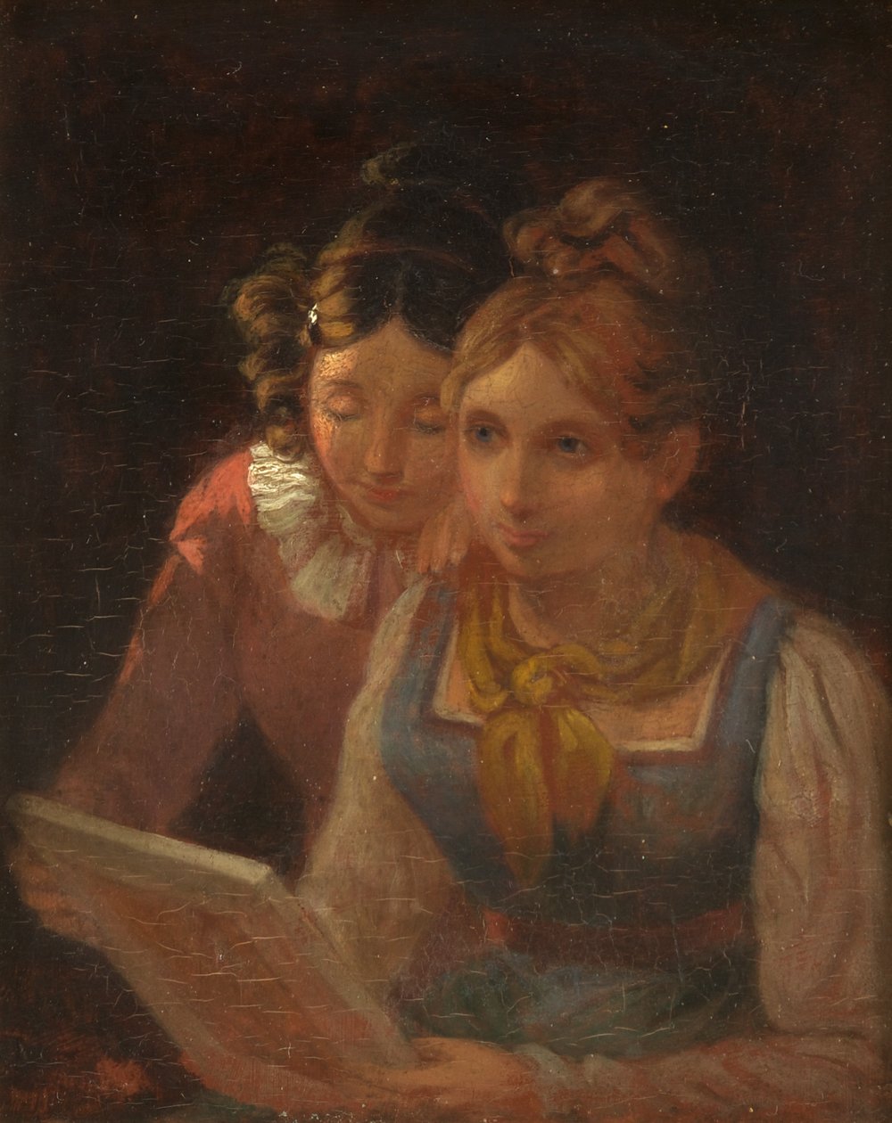 Dvě dívky se dívají na obrázek, cca 1820 (olej na panelu) od Edward Villiers Rippingille