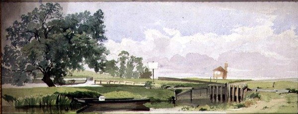 A Riverside Scene with Lock, cca 1860 (akvarel a tužka na papíře) od Edward W. Robinson