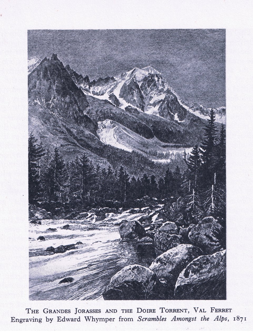 The Grand Jorasses and the Doire Torrent, Val Ferrett, z British Adventure vydané nakladatelstvím Collins, 1947 od Edward Whymper