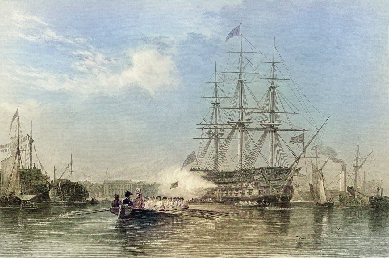 Vlajková loď britského námořnictva salutuje v přístavu Gosford v Anglii. 19. století (rytina) od Edward William (after) Cooke