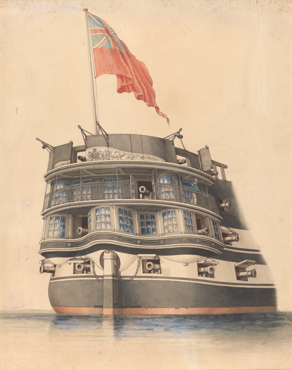 Detailní pohled na záď HMS "Asia" s vlajícím praporem. od Edward William Cooke