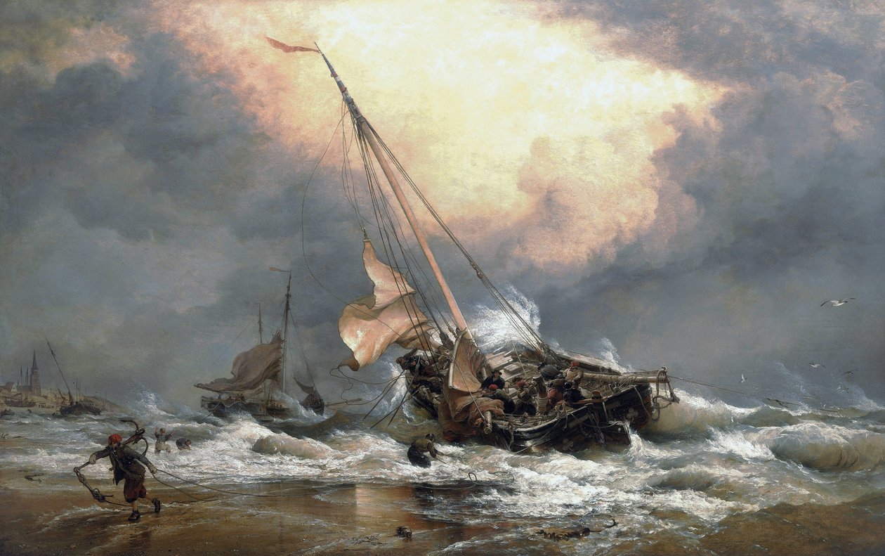 Rybáři táhnou své čluny na břehu Severního moře poblíž Scheveningenu (Nizozemsko). Olej na plátně od Edward William Cooke