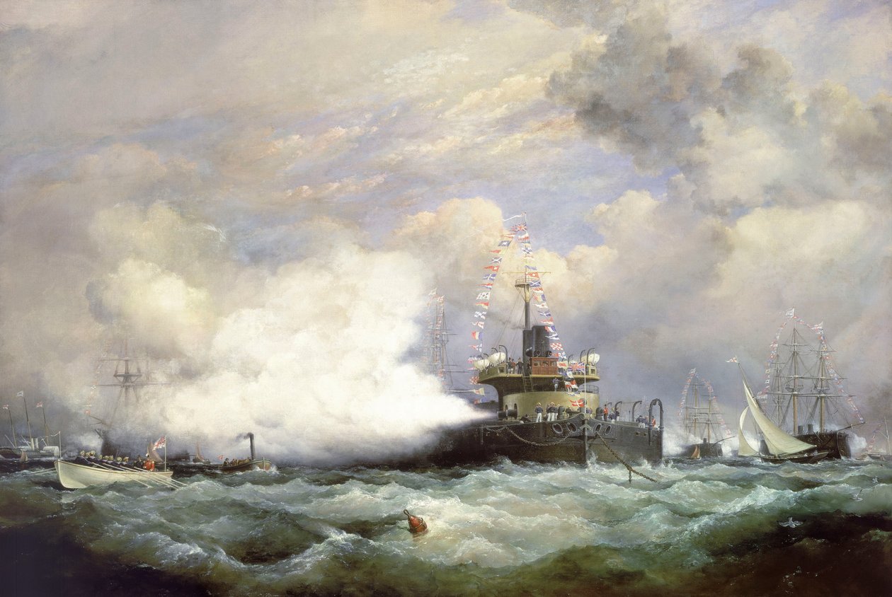 Věžová loď HM "Devastation" ve Spitheadu u příležitosti námořní přehlídky na počest perského šáha, 23. června 1873 od Edward William Cooke