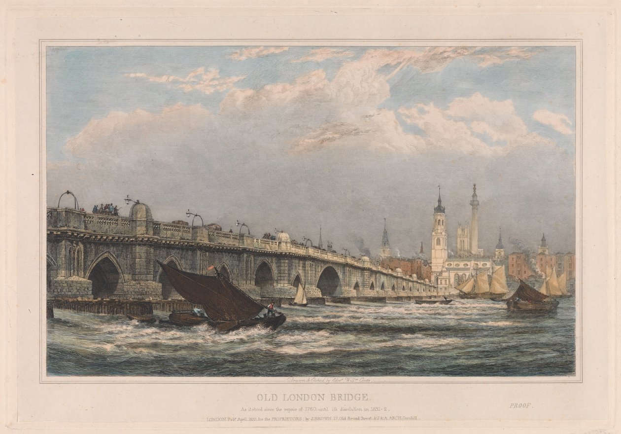Starý London Bridge po opravě z roku 1700 až do roku 1831/1832 od Edward William Cooke