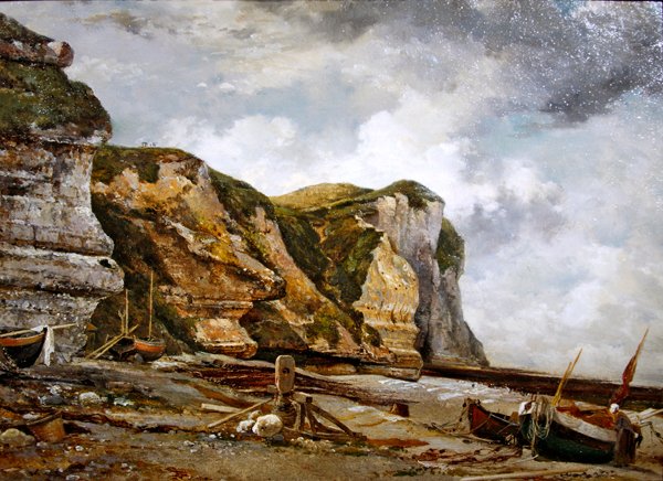 Skály při nízké vodě s West Falaise (útesy a lodě Etretat) od Edward William Cooke