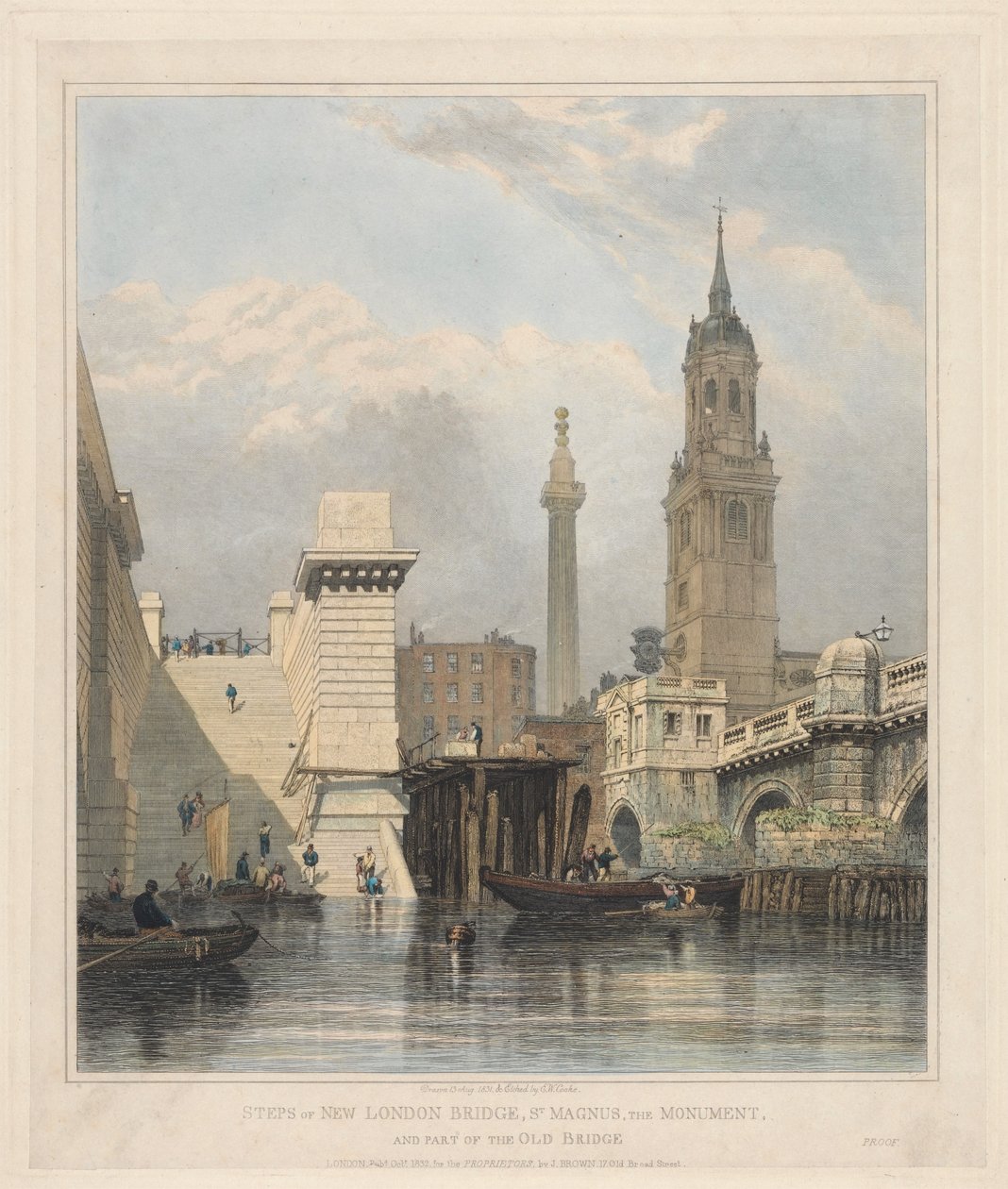 Schody nového London Bridge, sv. Magnus, Monument a část starého mostu od Edward William Cooke